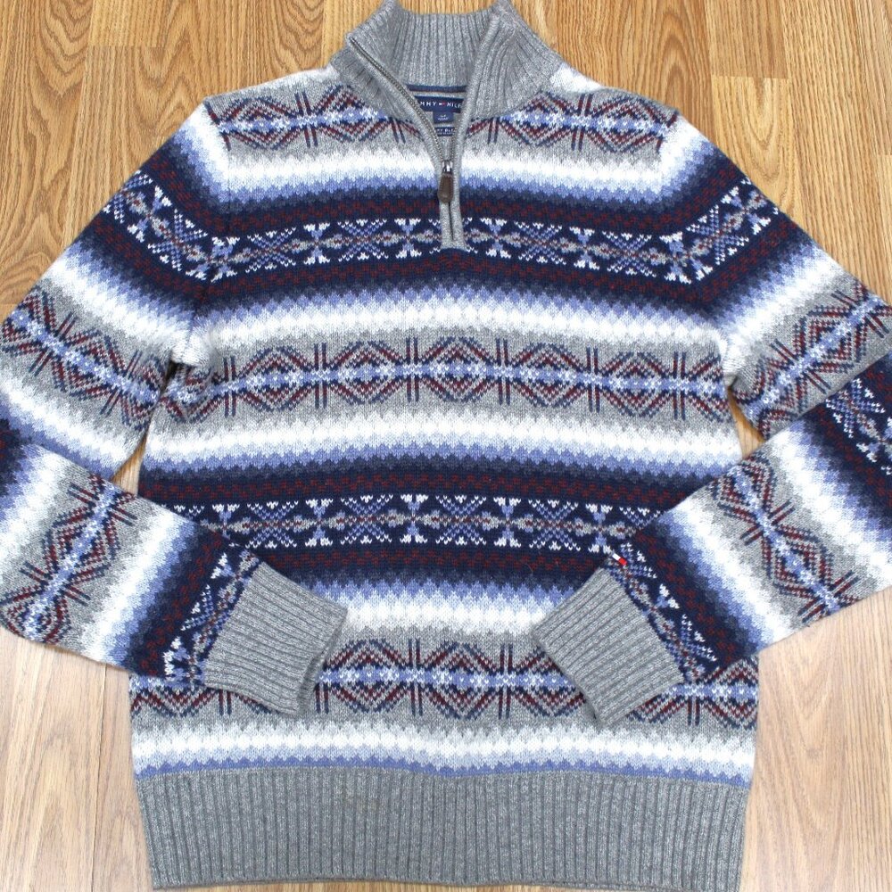 TOMMY HILFIGER COTTON/WOOL KNIT SKI SWEATER GRAY Sz SMALL, S